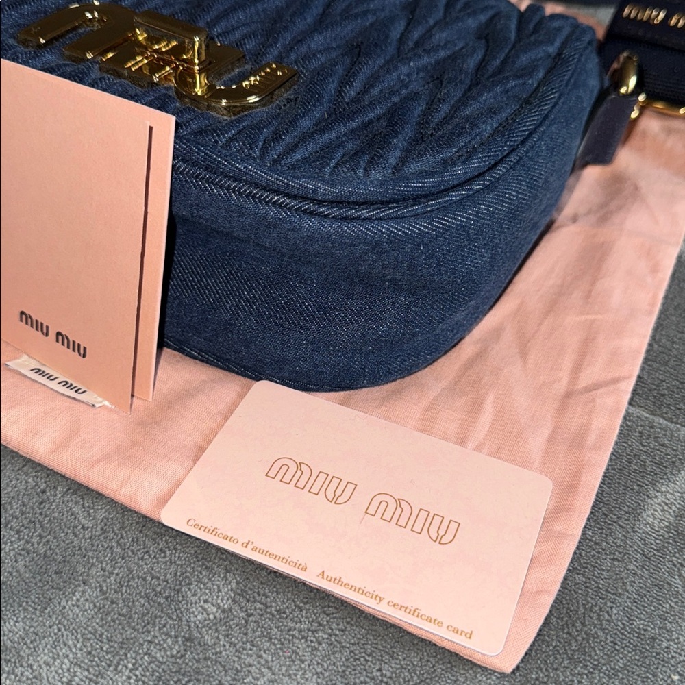Miu Miu logo Maltalese Denim Blue Quilted Crossbody Bag gold hardware dust bag - Picture 4 of 15